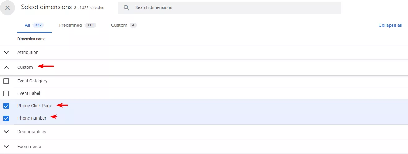 В полето &ldquo;Dimensions&rdquo; натискаме &ldquo;+&rdquo; и след това си избираме &ldquo;Custom&rdquo;: