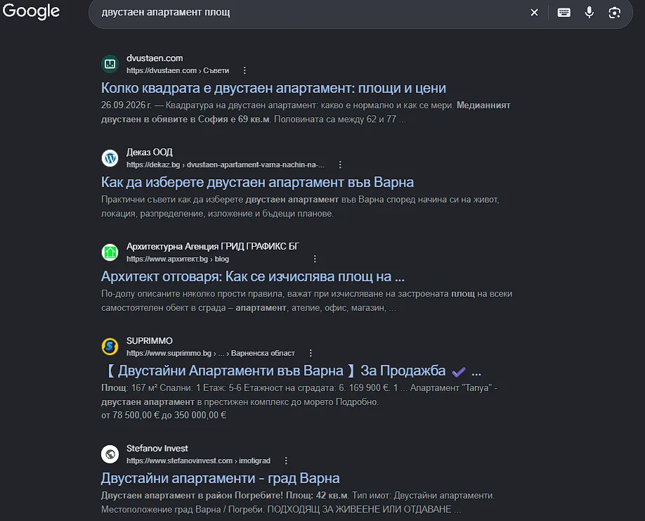 Такъв пример е „двустаен апартамент площ“: предполага се, че потребителят търси каква е площта на двустайните апартаменти, но резултатите са смес от страници за купуване на имоти, обяснения как се определя площ и видове имоти според квадратура.
