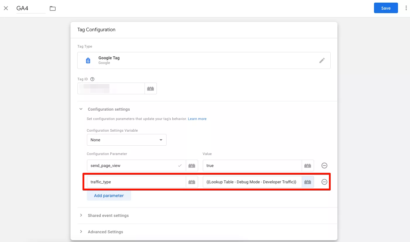 След това изберете вашия Google Tag за GA4. Добавете нов параметър traffic_type към него, а за стойност изберете променливата, която създадохме по-горе. Натиснете бутона &bdquo;Save&ldquo; (Запазване).