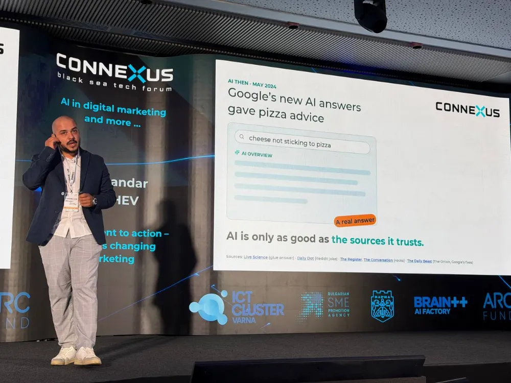 Сред лекторите на събитието беше Александър Гошев, Team Lead на Digital PR отдела в Netpeak Bulgaria, който представи темата „От съдържание към действие – как AI променя маркетинга“.
