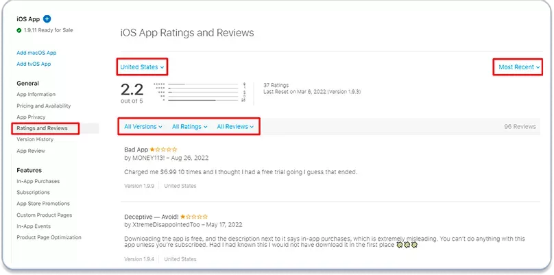 Влезте в Connect => изберете приложението => в полето General изберете &ldquo;Ratings and Reviews&rdquo;.