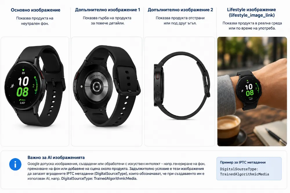 Google допуска използването на изображения, създадени или обработени с изкуствен интелект – например генериране на нов фон, премахване на фон или добавяне на сцена около продукта