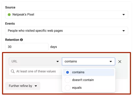 Ако изберете All Website Visitors, аудиторията ще включва посетители на всички уебсайтове, където е инсталиран избраният Facebook Pixel.