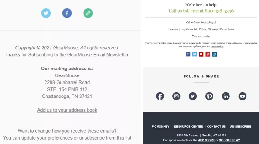 Email footer with social media links, a toll-free customer service number for GearMoose, and options to change subscription preferences. Includes addresses for Chattanooga, TN and Seattle, WA locations, and availability of their app on App Store and Google Play.