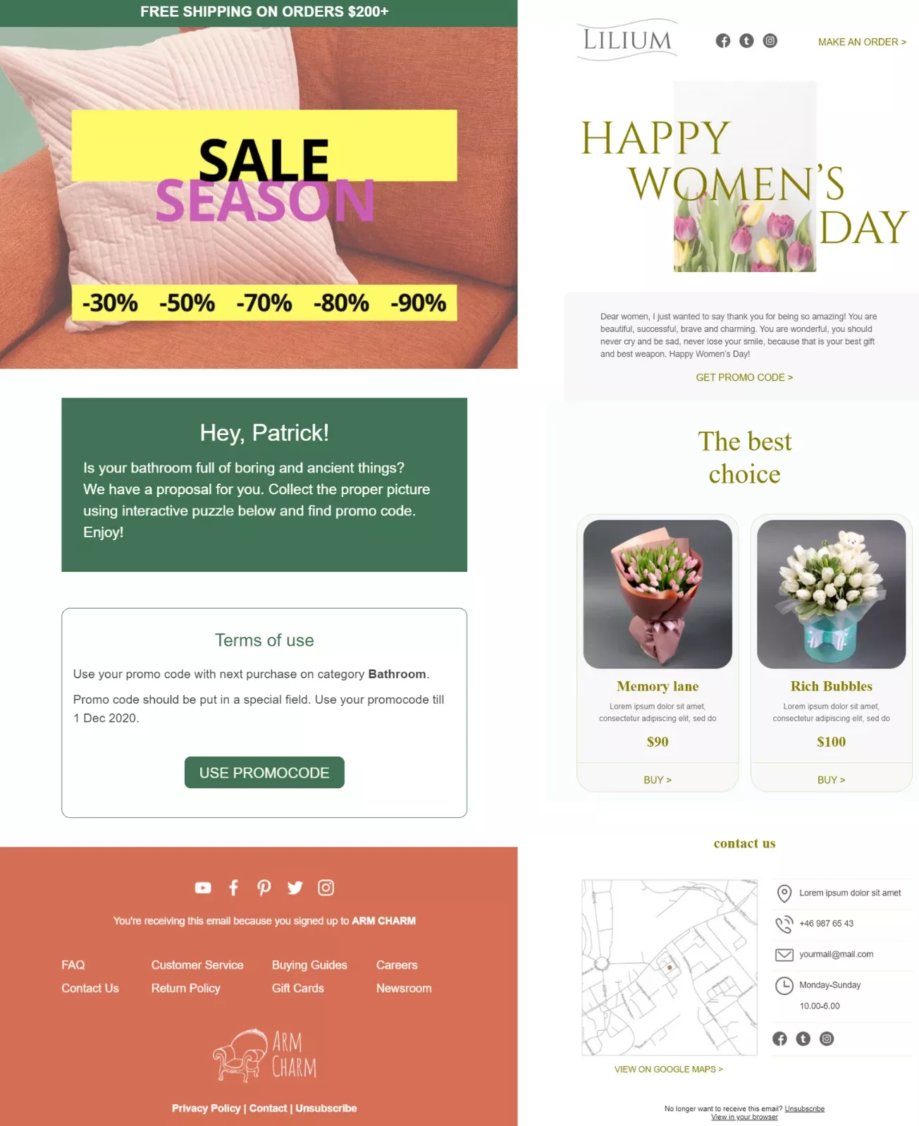 Promotional email with a sale alert, Women's Day greeting, personal message for a promo code, and product offerings from ARM CHARM. Includes customer service information and a footer with company links and privacy policy