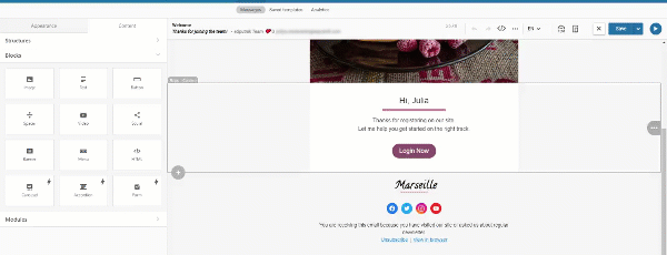 Animated GIF of an email template being edited in a eSputnik featuring a greeting 'Hi, Julia', with a login button, and the name 'Marseille' above social media icons. The interface includes various editing options and tools on the left-hand side