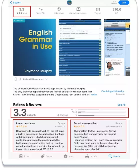 Ако погледнем резултатите за search term &bdquo;English&ldquo;. На пръв поглед приложението &bdquo;English Grammar in Use&ldquo; е най-малко вероятно да бъде инсталирано &ndash; то има най-ниската обща оценка и най-нисък рейтинг сред всички други. След като отворите страницата на приложението и видите отрицателни отзиви, вашето мнение за това приложение определено няма да се промени към по-добро:
