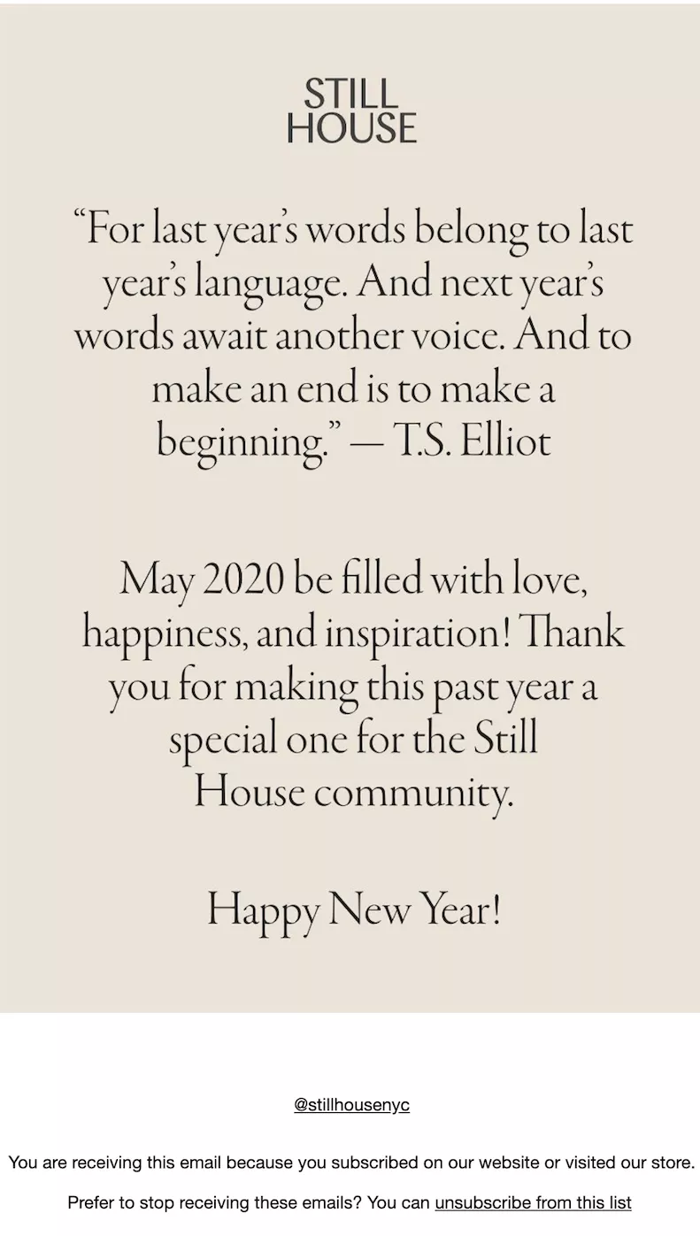 still house text-only christmas greetings, email screenshot, dark text on beige background