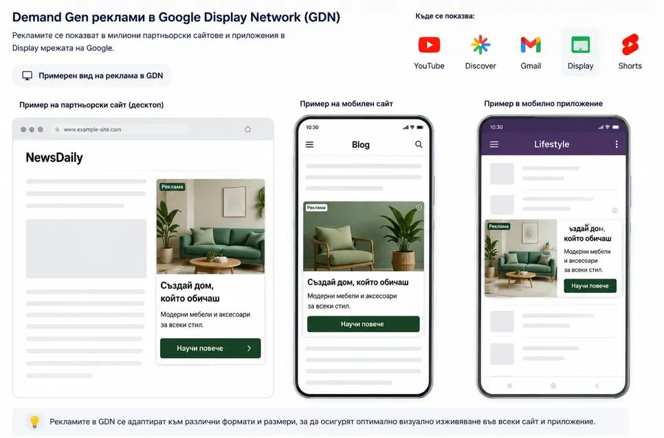Освен това, според официалната документация на Google, Demand Gen рекламите могат да се показват и в Google Display Network (GDN).