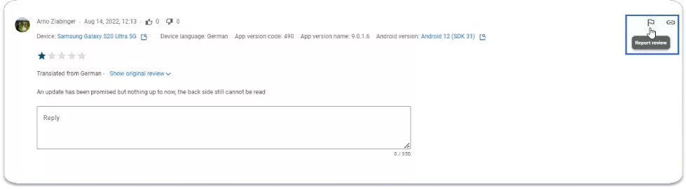 Ето как можете да подадете&nbsp; оплакване за всяко ревю в конзолата на Google Play, като го изпратите за преразглеждане и поискате ръчен преглед от модератор: